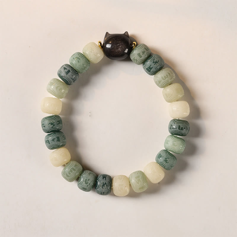 Buddha Stonesの実オーム・マニ・パドメ・フム彫刻 銀色 光沢 黒曜石 猫の頭 知恵のブレスレット - 8×10mm グリーン菩提樹（手首周り14～16cm） - image 10