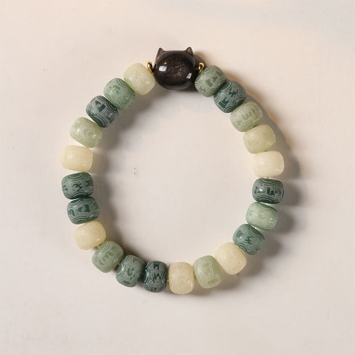Buddha Stonesの実オーム・マニ・パドメ・フム彫刻 銀色 光沢 黒曜石 猫の頭 知恵のブレスレット - 8×10mm グリーン菩提樹（手首周り14～16cm） - image 10
