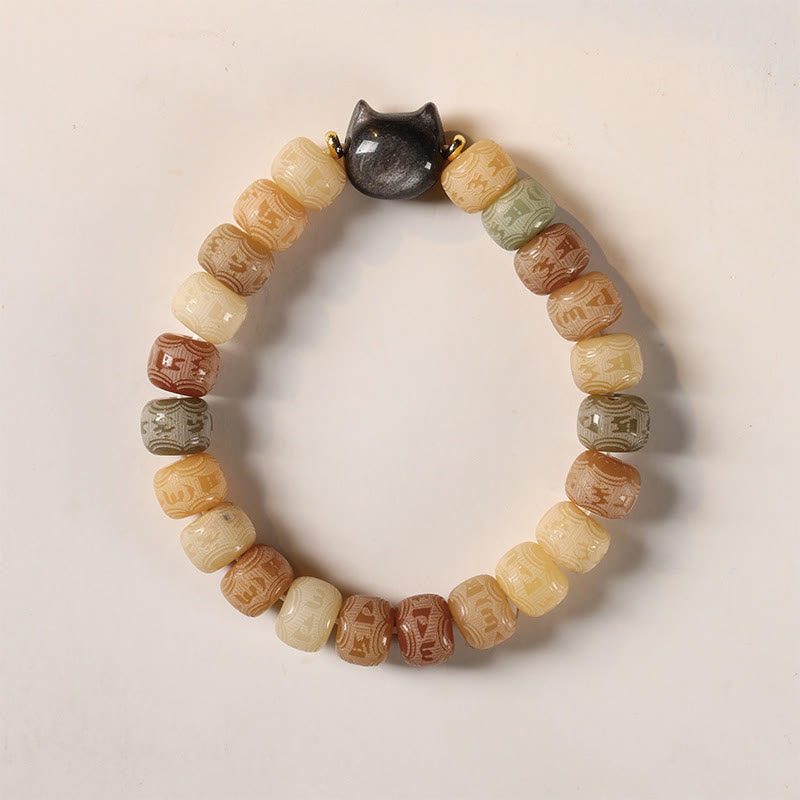 Buddha Stonesの実オーム・マニ・パドメ・フム彫刻 銀色 光沢 黒曜石 猫の頭 知恵のブレスレット - image 2