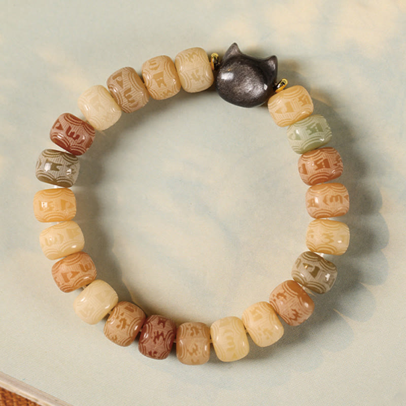 Buddha Stonesの実オーム・マニ・パドメ・フム彫刻 銀色 光沢 黒曜石 猫の頭 知恵のブレスレット - image 3