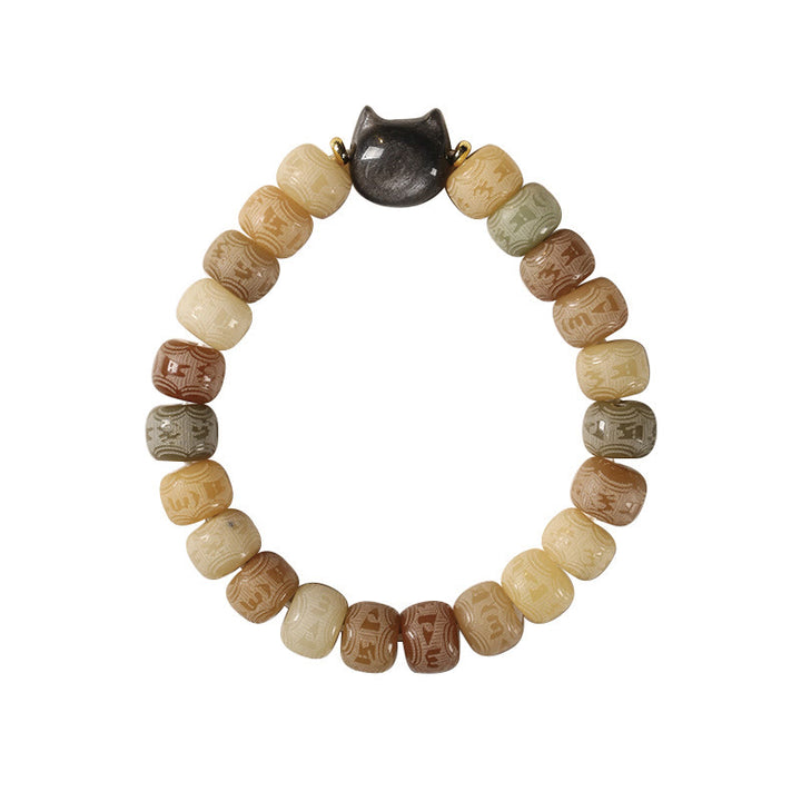 Buddha Stonesの実オーム・マニ・パドメ・フム彫刻 銀色 光沢 黒曜石 猫の頭 知恵のブレスレット - image 7