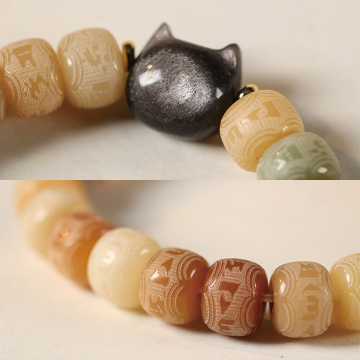 Buddha Stonesの実オーム・マニ・パドメ・フム彫刻 銀色 光沢 黒曜石 猫の頭 知恵のブレスレット - image 6
