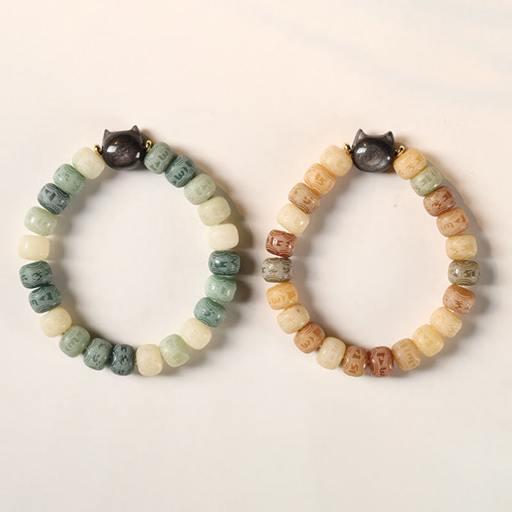 Buddha Stonesの実オーム・マニ・パドメ・フム彫刻 銀色 光沢 黒曜石 猫の頭 知恵のブレスレット - image 17