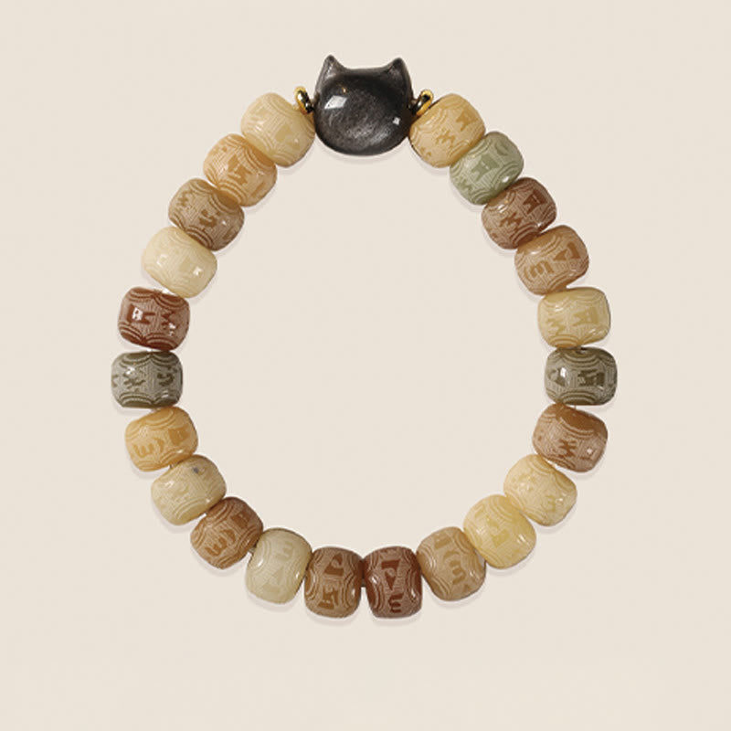 Buddha Stonesの実オーム・マニ・パドメ・フム彫刻 銀色 光沢 黒曜石 猫の頭 知恵のブレスレット - image 4