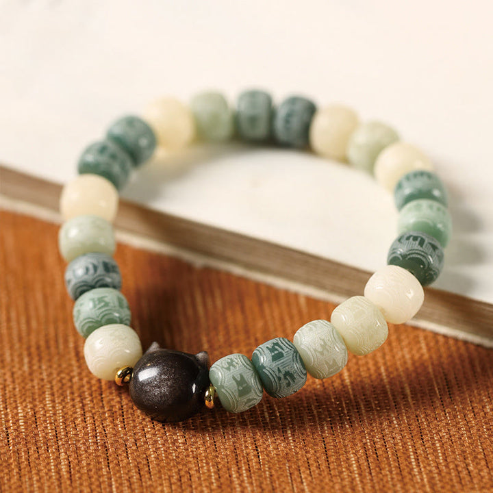 Buddha Stonesの実オーム・マニ・パドメ・フム彫刻 銀色 光沢 黒曜石 猫の頭 知恵のブレスレット - image 11