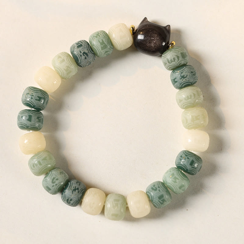 Buddha Stonesの実オーム・マニ・パドメ・フム彫刻 銀色 光沢 黒曜石 猫の頭 知恵のブレスレット - image 13