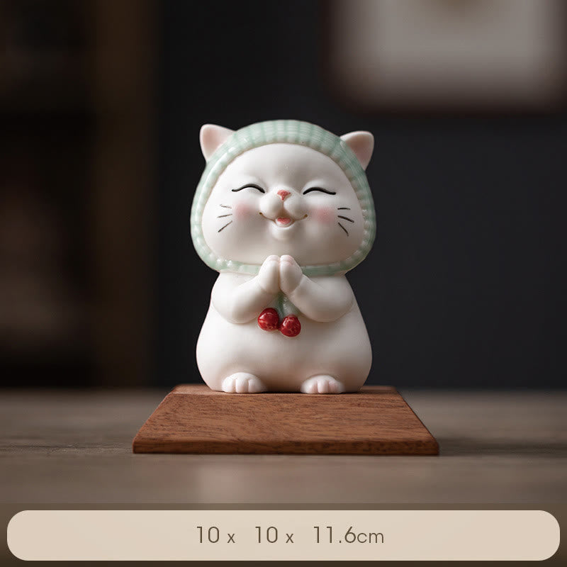 Buddha Stones幸運のかわいい猫のスカーフを巻いた陶器の置物装飾 - 猫+木製ベース 10*10*11.6cm - image 13