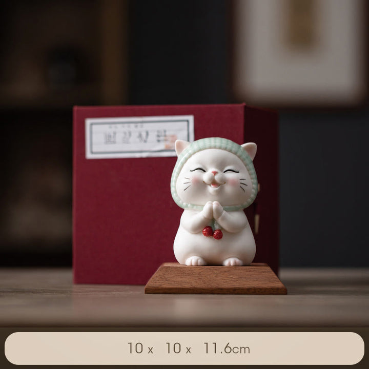 Buddha Stones幸運のかわいい猫のスカーフを巻いた陶器の置物装飾 - 猫＋木製台座（ギフトボックス） - image 23