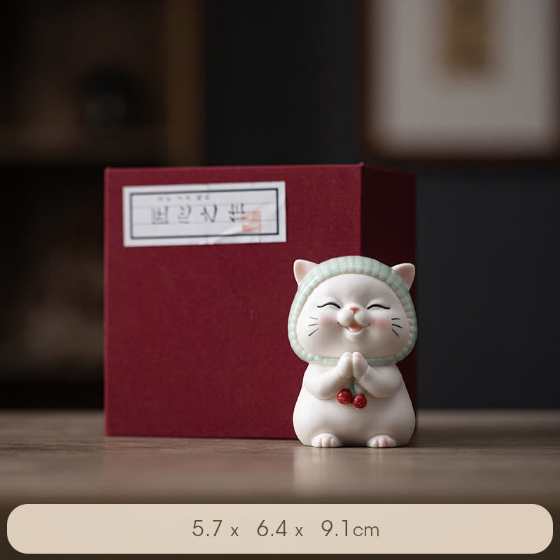 Buddha Stones幸運のかわいい猫のスカーフを巻いた陶器の置物装飾 - 猫（ギフトボックス） - image 20