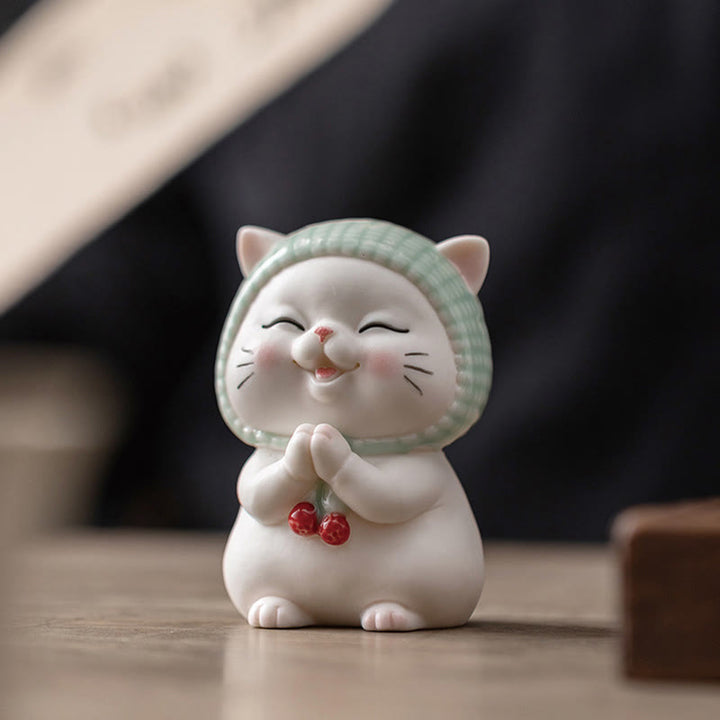 Buddha Stones幸運のかわいい猫のスカーフを巻いた陶器の置物装飾 - image 3