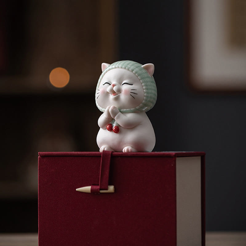 Buddha Stones幸運のかわいい猫のスカーフを巻いた陶器の置物装飾 - image 22