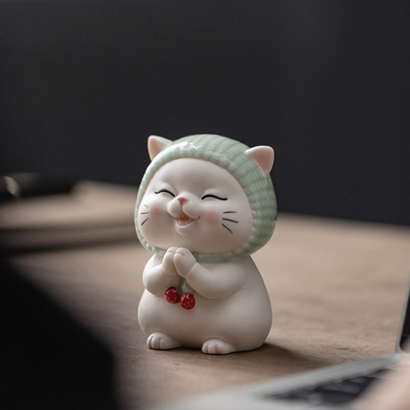 Buddha Stones幸運のかわいい猫のスカーフを巻いた陶器の置物装飾 - image 9