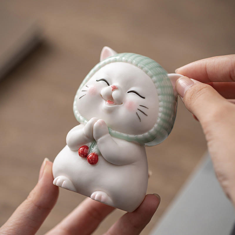 Buddha Stones幸運のかわいい猫のスカーフを巻いた陶器の置物装飾 - image 5