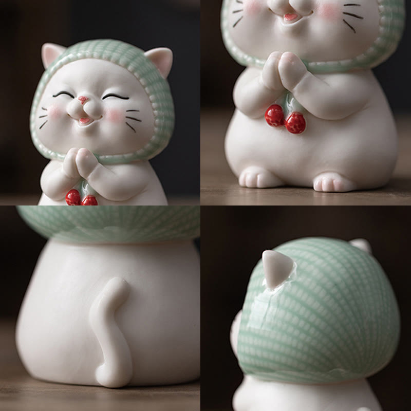 Buddha Stones幸運のかわいい猫のスカーフを巻いた陶器の置物装飾 - image 6