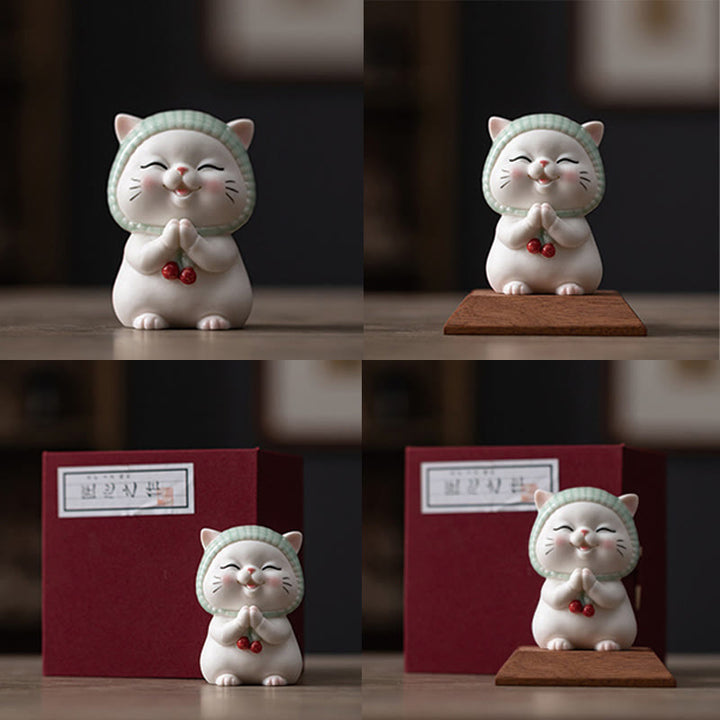 Buddha Stones幸運のかわいい猫のスカーフを巻いた陶器の置物装飾 - image 24