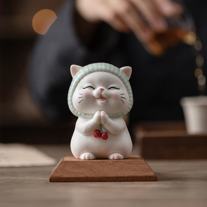 Buddha Stones幸運のかわいい猫のスカーフを巻いた陶器の置物装飾 - image 16