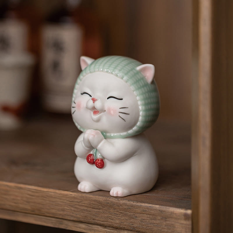 Buddha Stones幸運のかわいい猫のスカーフを巻いた陶器の置物装飾 - image 4