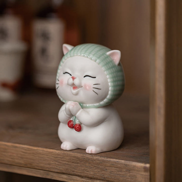 Buddha Stones幸運のかわいい猫のスカーフを巻いた陶器の置物装飾 - image 4