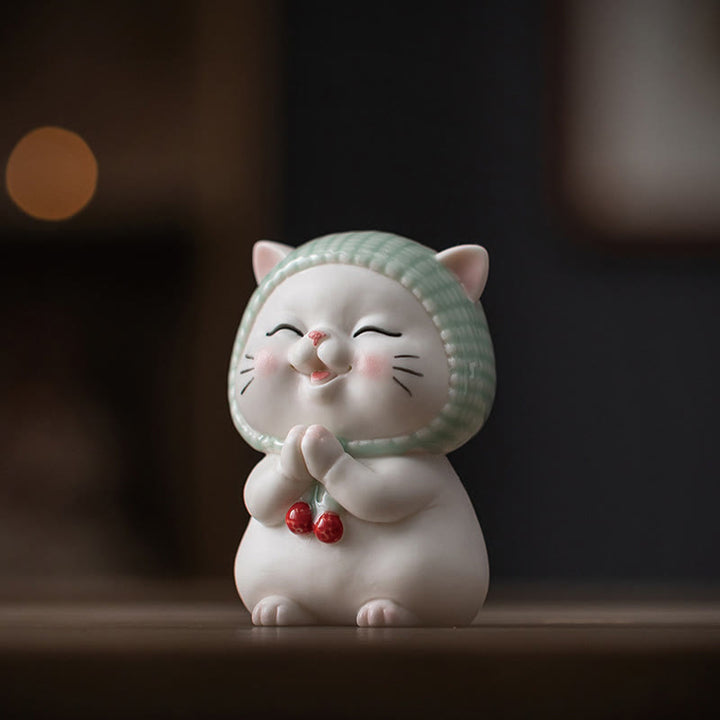 Buddha Stones幸運のかわいい猫のスカーフを巻いた陶器の置物装飾 - image 10
