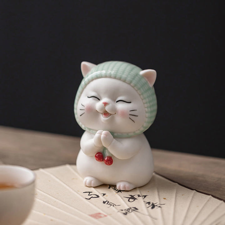 Buddha Stones幸運のかわいい猫のスカーフを巻いた陶器の置物装飾 - image 8