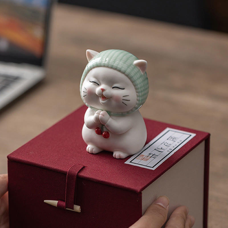 Buddha Stones幸運のかわいい猫のスカーフを巻いた陶器の置物装飾 - image 21