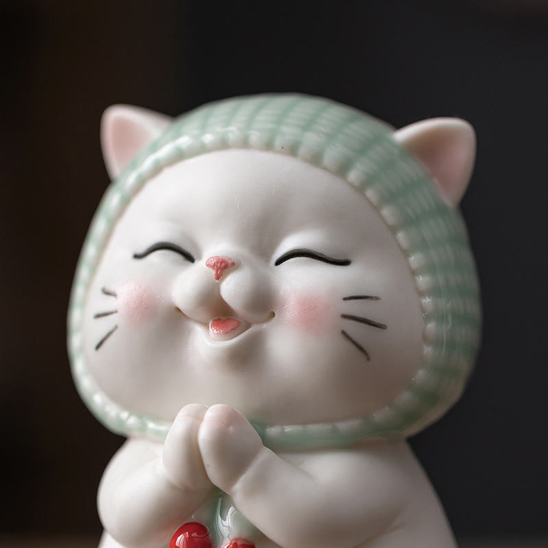 Buddha Stones幸運のかわいい猫のスカーフを巻いた陶器の置物装飾 - image 12