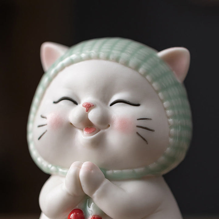 Buddha Stones幸運のかわいい猫のスカーフを巻いた陶器の置物装飾 - image 12