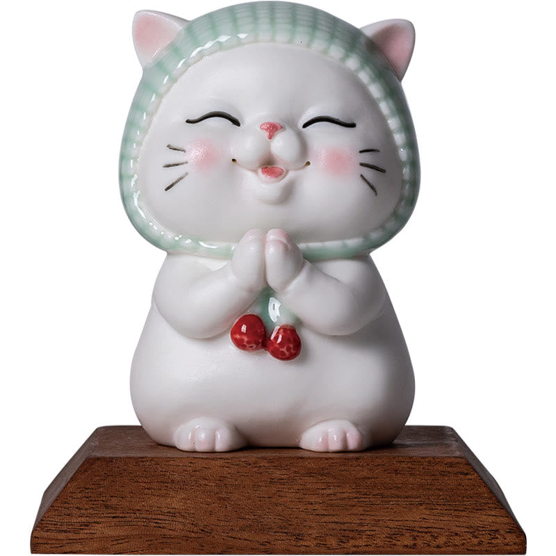 Buddha Stones幸運のかわいい猫のスカーフを巻いた陶器の置物装飾 - image 18