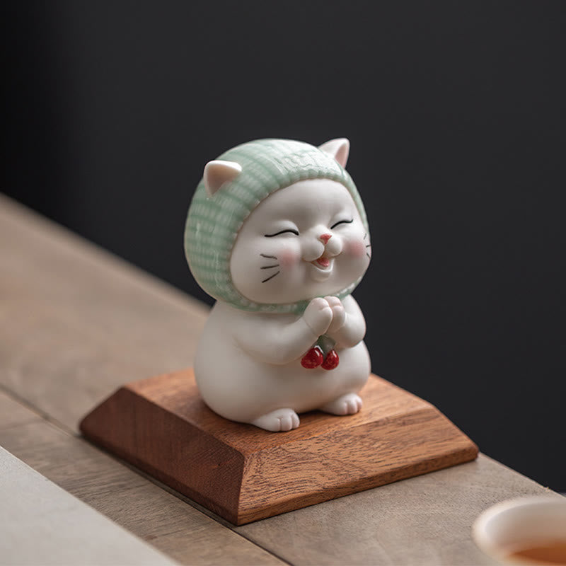 Buddha Stones幸運のかわいい猫のスカーフを巻いた陶器の置物装飾 - image 17