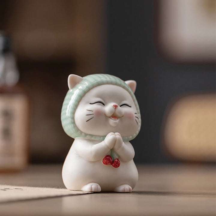 Buddha Stones幸運のかわいい猫のスカーフを巻いた陶器の置物装飾 - image 7