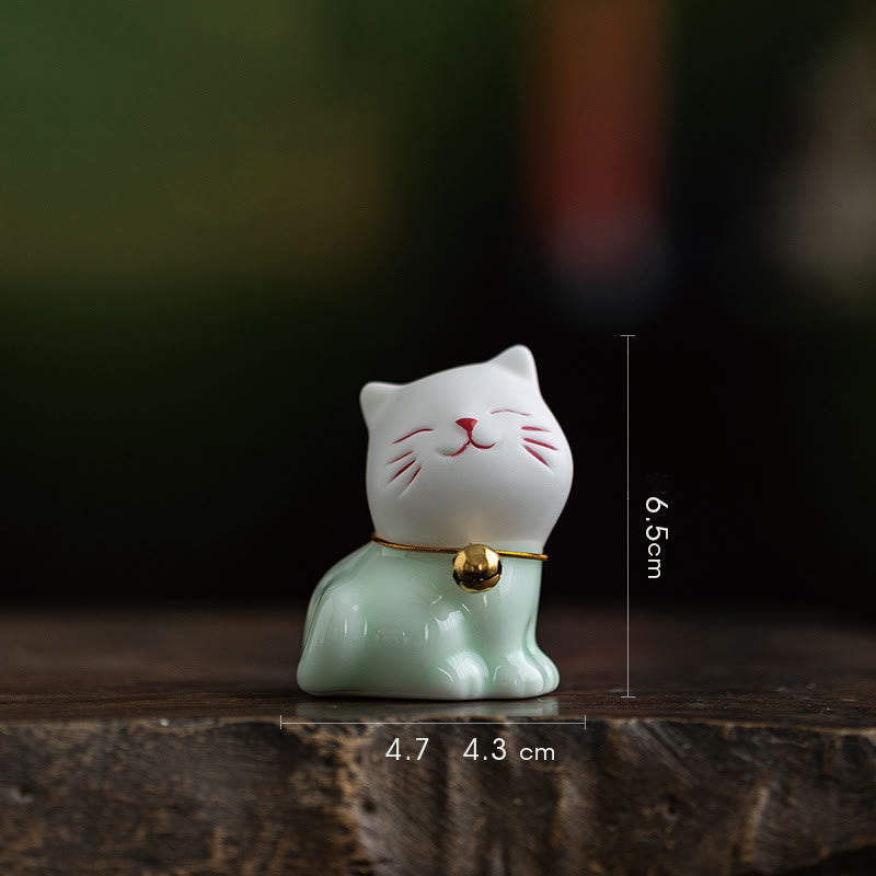 Buddha Stonesミニラッキーかわいい猫ライトグリーンホワイトセラミック置物装飾 - 猫 4.7*4.3*6.5cm - image 3