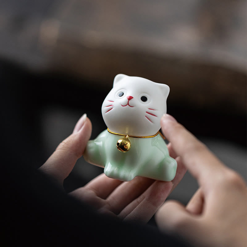 Buddha Stonesミニラッキーかわいい猫ライトグリーンホワイトセラミック置物装飾 - image 9