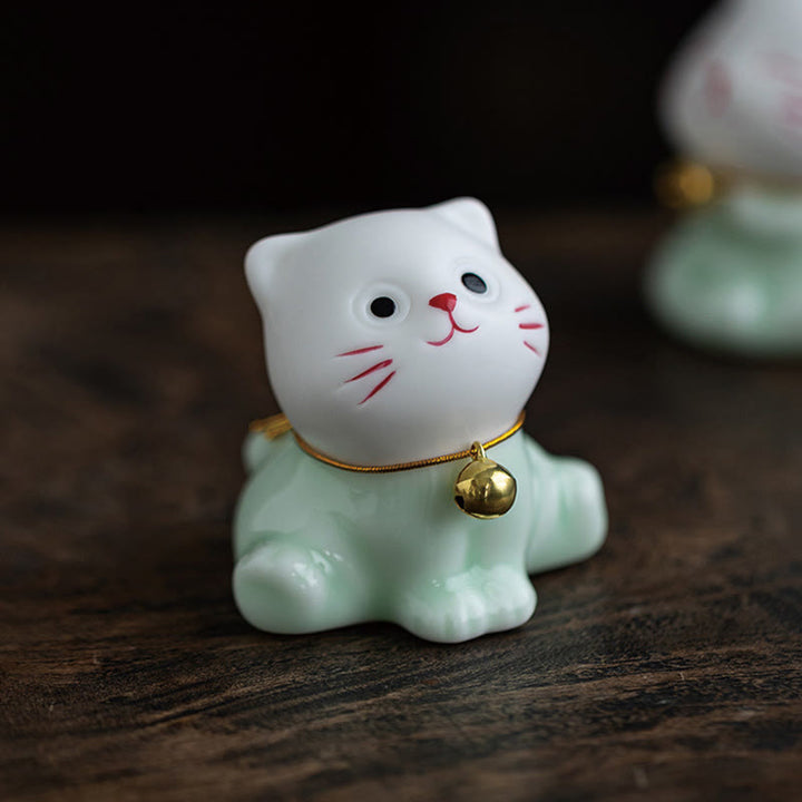 Buddha Stonesミニラッキーかわいい猫ライトグリーンホワイトセラミック置物装飾 - image 6