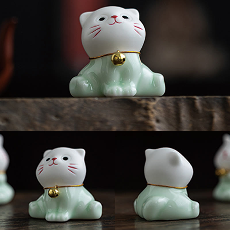 Buddha Stonesミニラッキーかわいい猫ライトグリーンホワイトセラミック置物装飾 - image 11