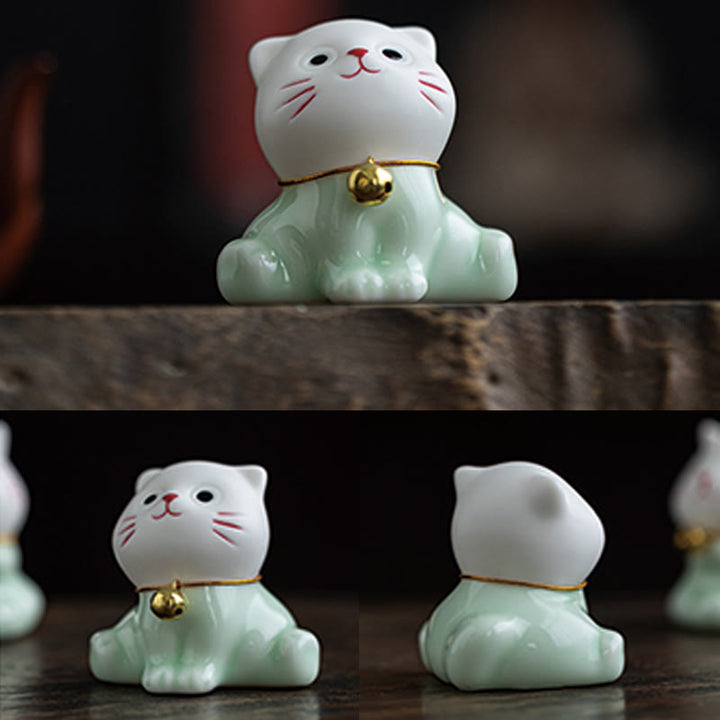 Buddha Stonesミニラッキーかわいい猫ライトグリーンホワイトセラミック置物装飾 - image 11