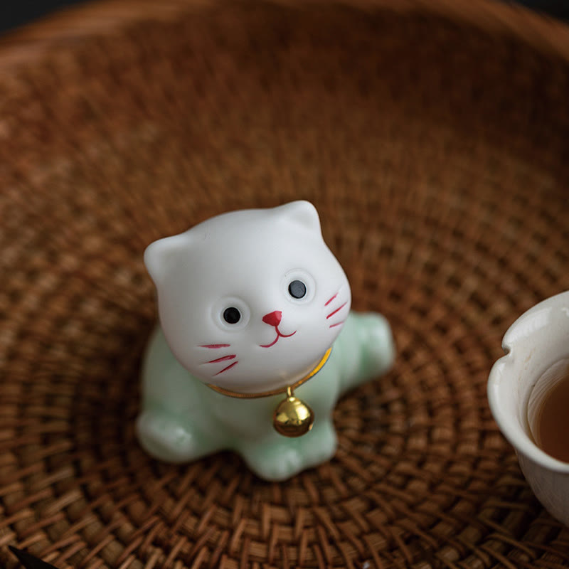 Buddha Stonesミニラッキーかわいい猫ライトグリーンホワイトセラミック置物装飾 - image 10