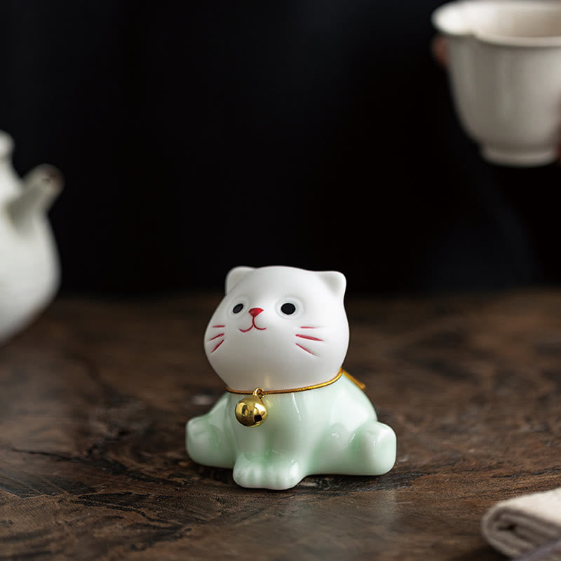 Buddha Stonesミニラッキーかわいい猫ライトグリーンホワイトセラミック置物装飾 - image 8