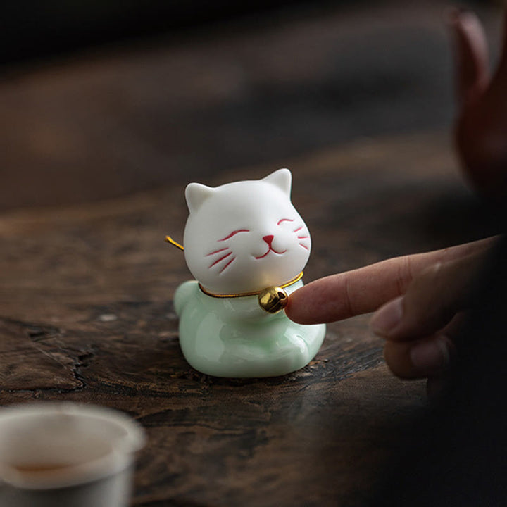 Buddha Stonesミニラッキーかわいい猫ライトグリーンホワイトセラミック置物装飾 - image 18