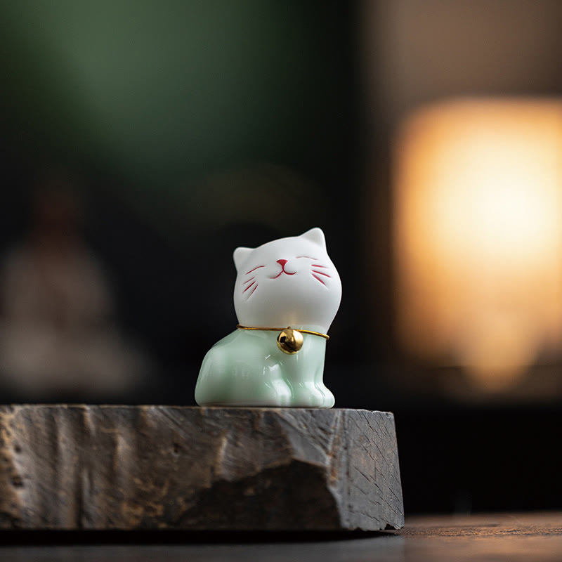 Buddha Stonesミニラッキーかわいい猫ライトグリーンホワイトセラミック置物装飾 - image 4