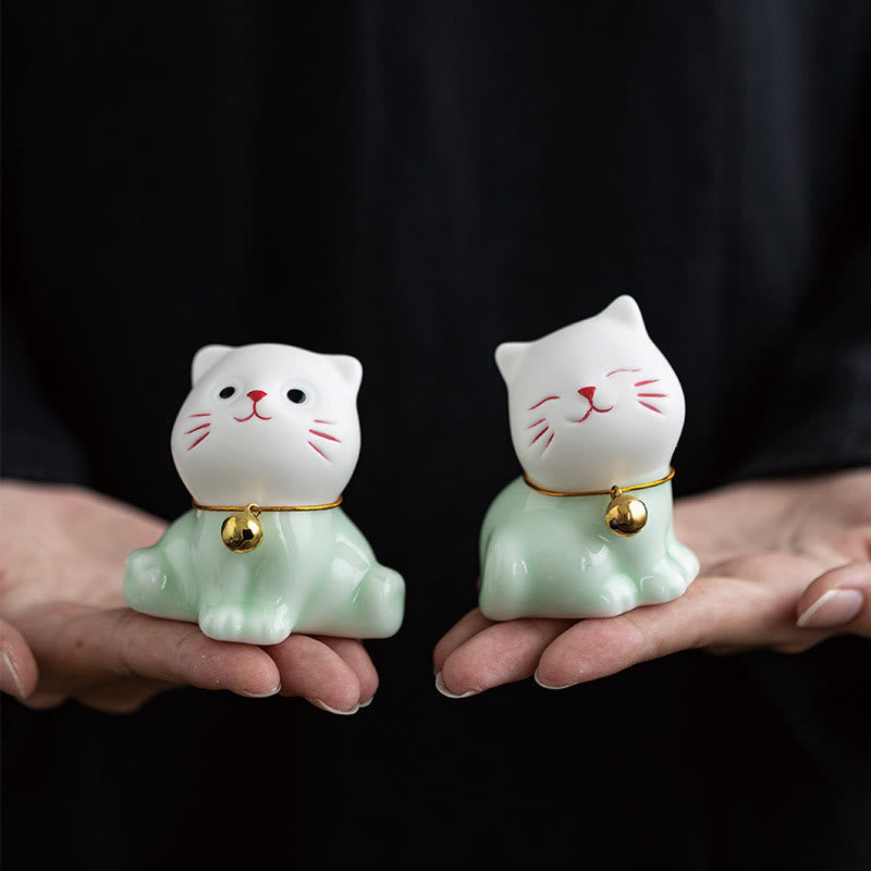 Buddha Stonesミニラッキーかわいい猫ライトグリーンホワイトセラミック置物装飾 - image 1