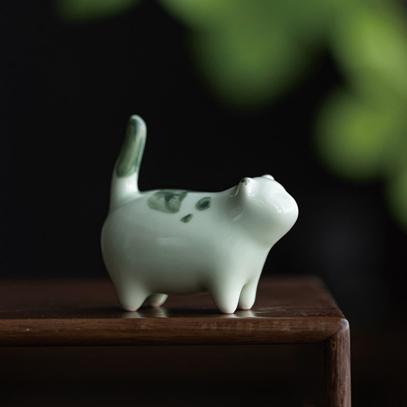 Buddha Stonesミニ幸運かわいい斑点立ち猫眠る子猫陶器置物装飾 - 緑の立ち猫 7.7×4.3×7.7cm - image 1