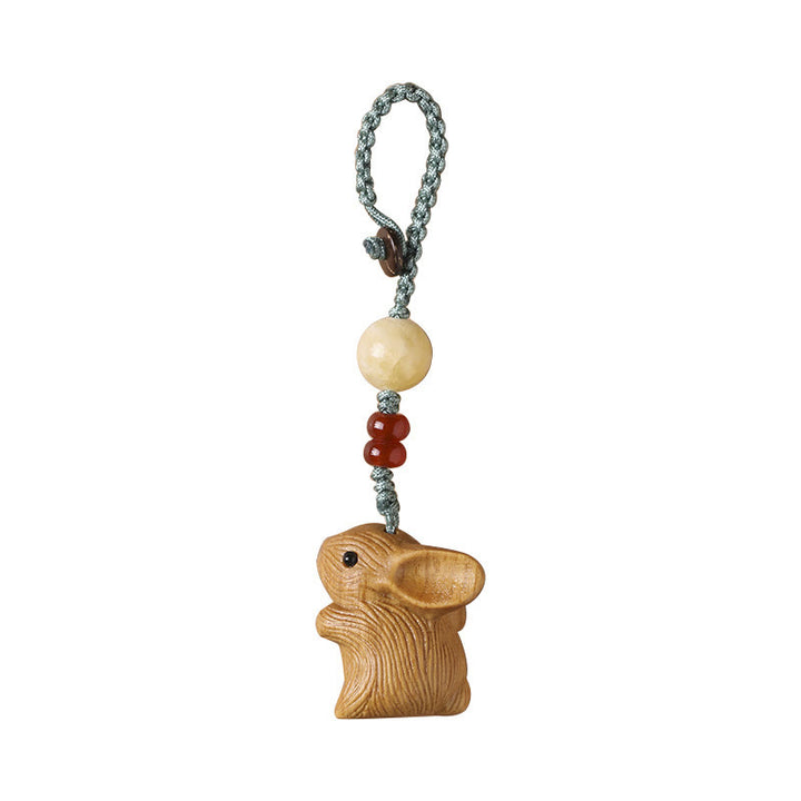 Buddha Stones白檀の小葉 赤檀 幸運のミニウサギの守護キーホルダー 携帯電話吊り下げ装飾