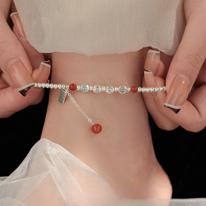 Buddha Stones925スターリングシルバー 小さなビーズ レッドアゲート 平和と喜びの祝福アンクレット - シルバーアンクレット（円周18～22cm） - image 0