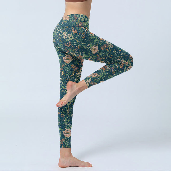 Buddha Stones、グリーンステッチ、花、つる柄プリント、ジムレギンス、レディースヨガパンツ - image 3