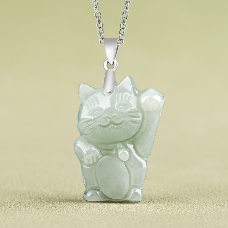 Buddha Stones925スターリングシルバー 翡翠幸運繁栄の猫 繁栄のネックレスペンダント - ジェイド - image 1