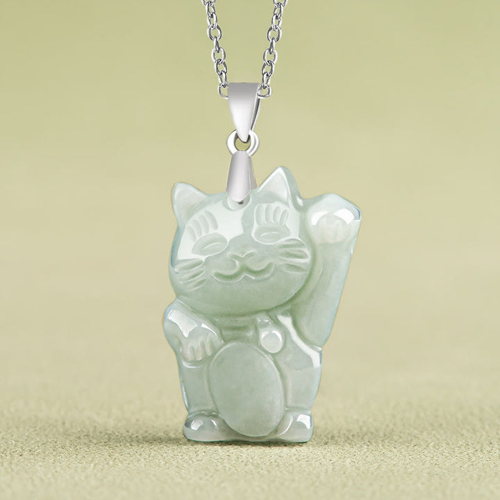 Buddha Stones925スターリングシルバー 翡翠幸運繁栄の猫 繁栄のネックレスペンダント - ジェイド - image 1