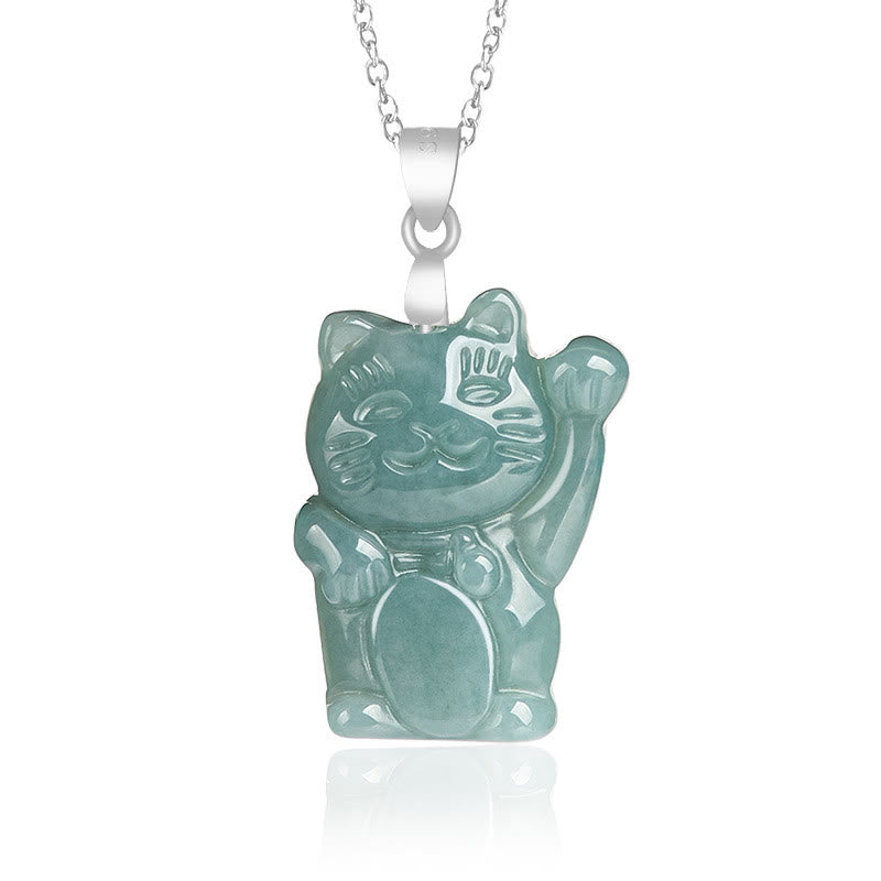Buddha Stones 925スターリングシルバー 天然翡翠 幸運の猫 豊穣のネックレスペンダント - ジェイド - image 1