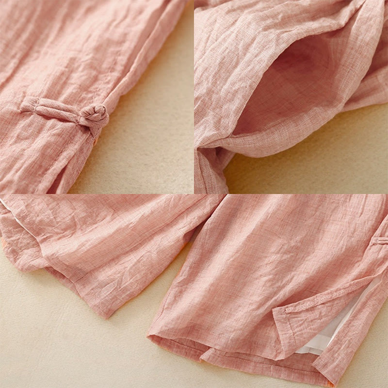 Buddha Stonesカジュアル無地チャイニーズフロッグボタンコットンリネンレディースワイドレッグパンツ - image 2