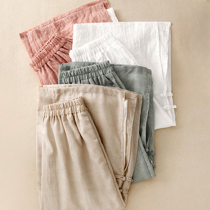 Buddha Stonesカジュアル無地チャイニーズフロッグボタンコットンリネンレディースワイドレッグパンツ - image 20