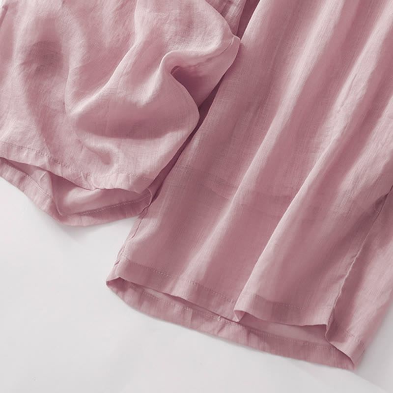 Buddha Stones夏用刺繍入りダブルレイヤーコットンリネンレディースワイドレッグパンツ（ポケット付き） - image 14